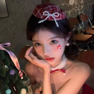 圣诞节红色格纹毛呢小礼帽发夹甜美学院风圣诞节装扮拍照道具头饰