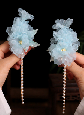 汉服发饰蓝色芍药花发夹绢纱烫花唐风古风粉色牡丹花超仙流苏对夹