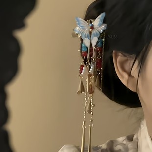 「蝶釉栖云」新中式红蓝撞色蝴蝶流苏发夹国风精致优雅配汉服发饰