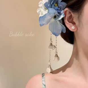 蓝调芳华 古风蓝色花朵流苏发夹女新中式旗袍侧边夹超仙度假发饰