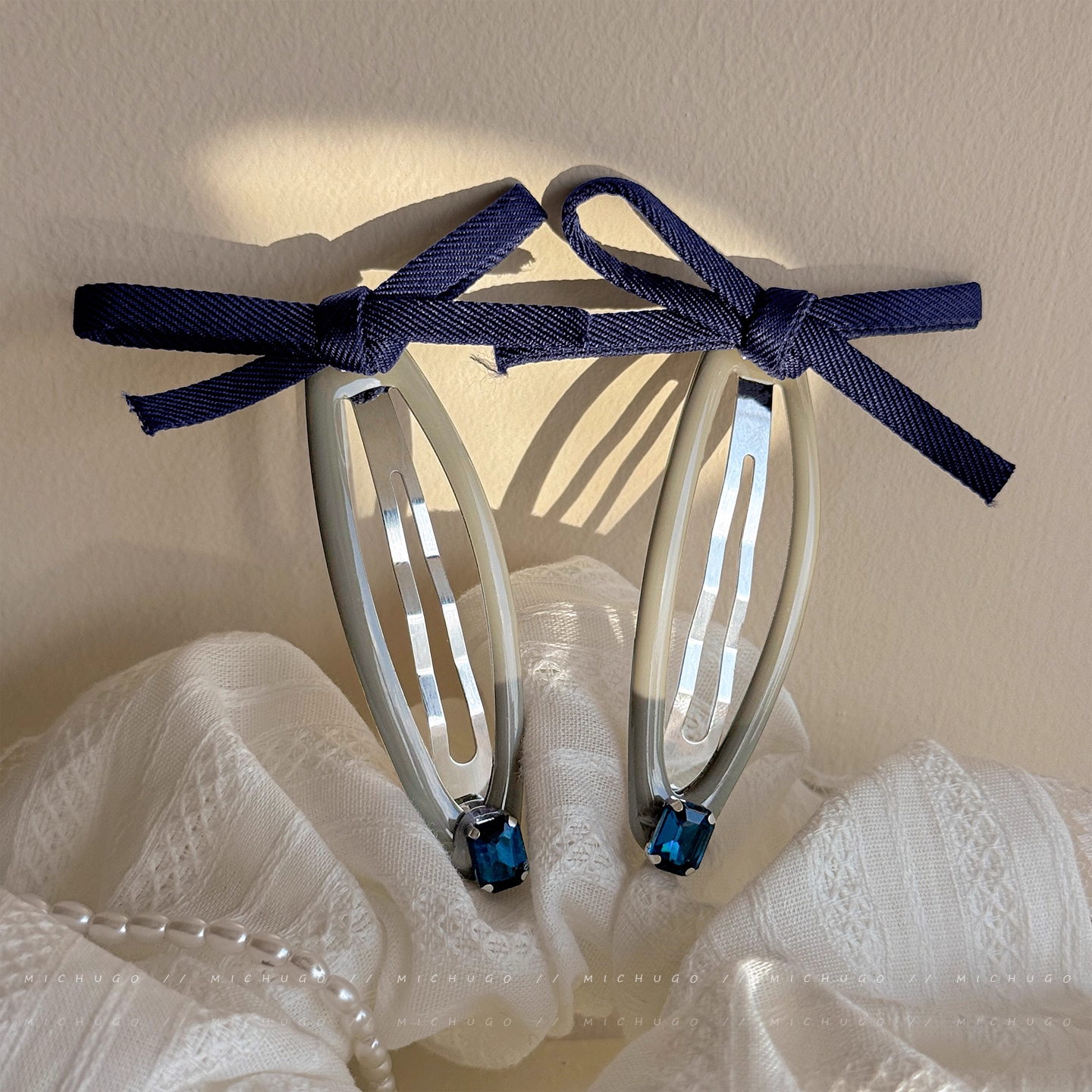 韩系蓝色蝴蝶结水钻发夹女前额侧边bb夹子甜美可爱刘海夹发卡发饰