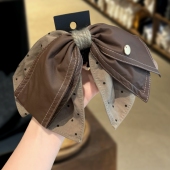 韩国新款 高端气质皮质咖色波点布艺蝴蝶结抓夹马尾夹后脑勺鲨鱼夹