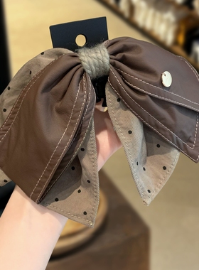 韩国新款高端气质皮质咖色波点布艺蝴蝶结抓夹马尾夹后脑勺鲨鱼夹