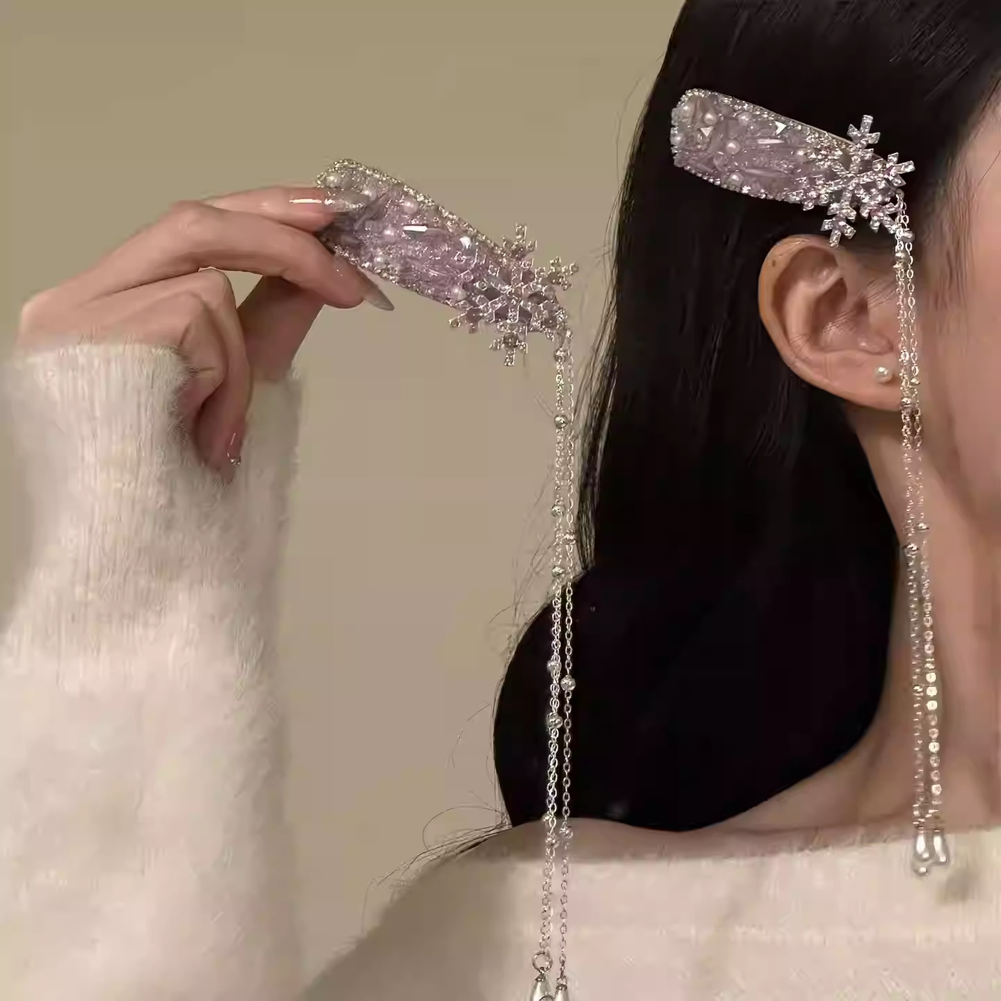 【漫花沁粉】2026新款超仙精致感闪锆雪花发夹长款流苏边夹发卡