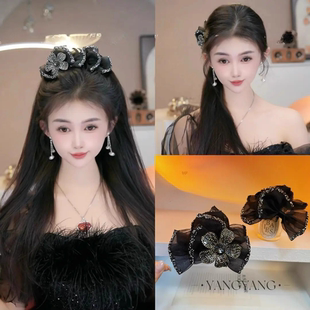 森系简约气质百搭黑色波点泡泡纱黑天鹅抓夹碎发夹发饰7cm