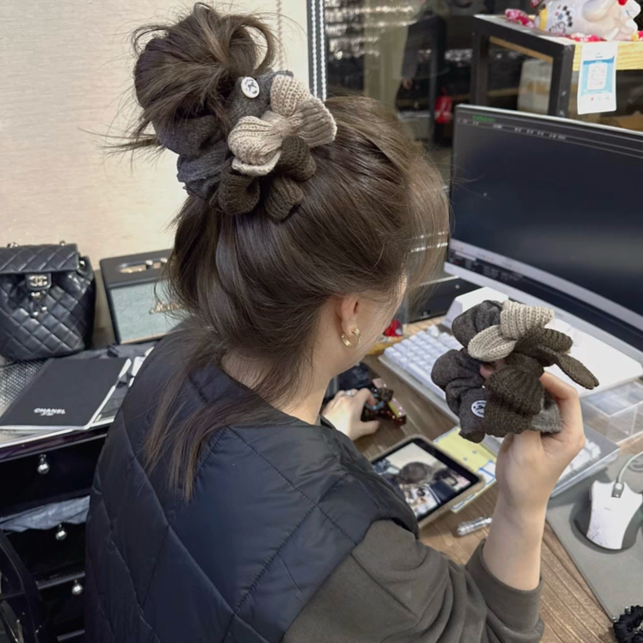 高级感小众咖色毛线蝴蝶结大肠发圈大版发量多头绳韩国丸子头发绳