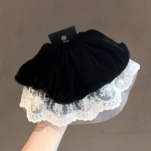 韩国发饰2025秋冬丝绒蕾丝马尾顶夹气质温柔蝴蝶结裙摆后脑勺抓夹