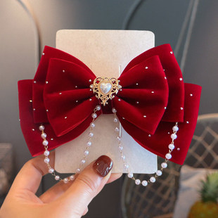 女童带钻暗红色大蝴蝶结发夹冬季在逃公主珍珠链立体顶夹马尾发圈