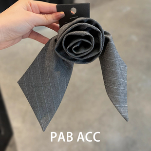 韩国高端少女学院风灰色西装面料立体玫瑰花弹簧夹飘带条纹一字夹