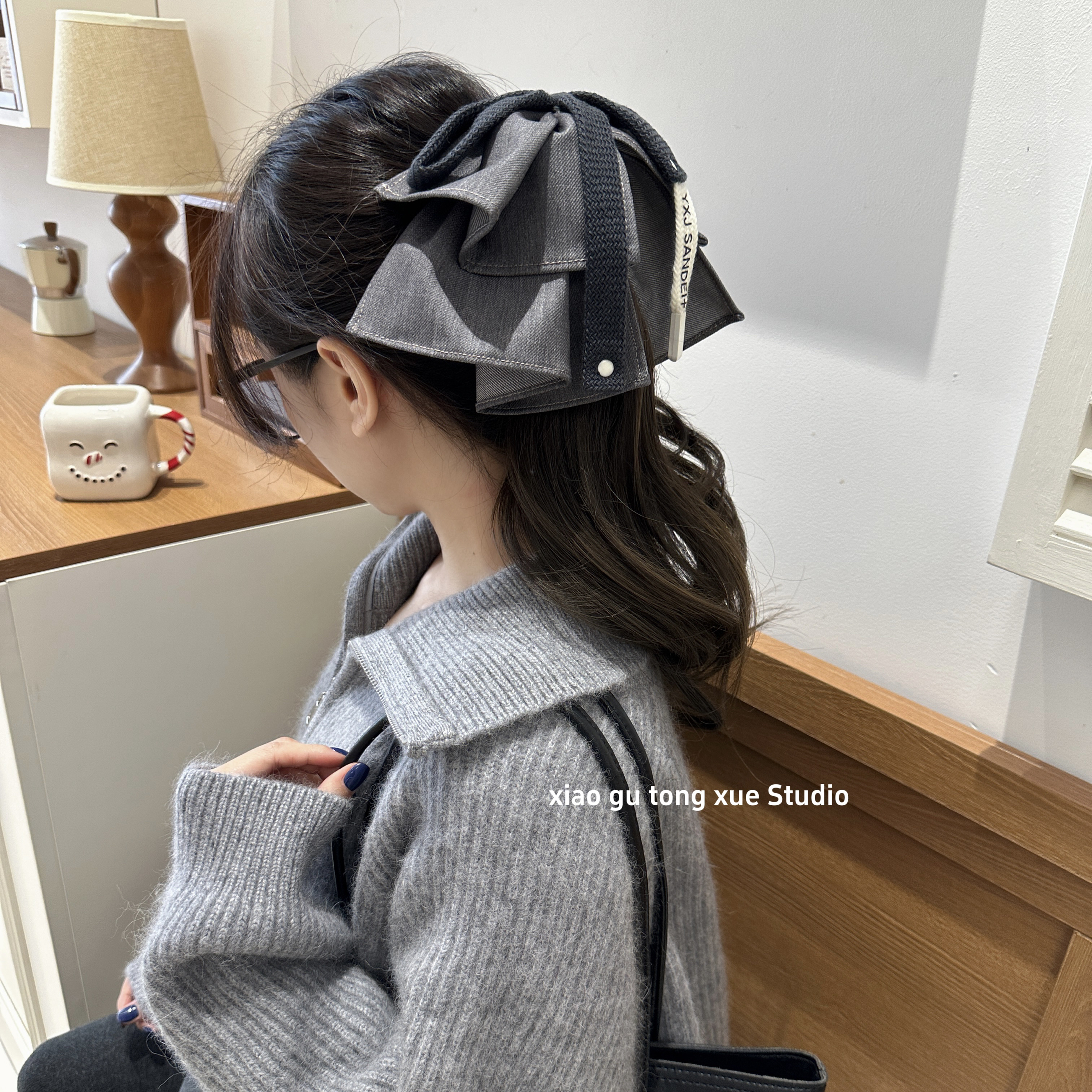 韩国洋气牛仔灰高马尾蝴蝶结抓夹发夹后脑勺高级感网红气质鲨鱼夹