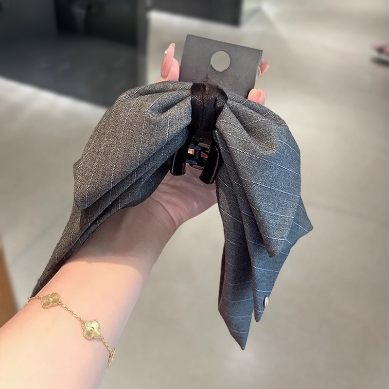 格雷系灰色条纹复古蝴蝶结马尾抓夹后脑勺时尚马尾夹发抓发夹头饰