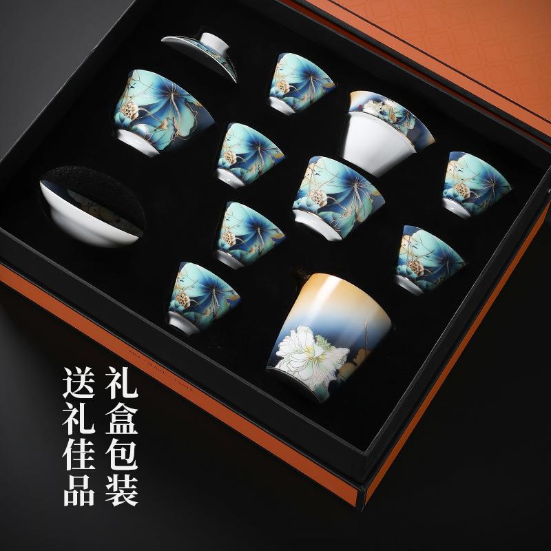 高三手作珐彩陶瓷功夫茶具端茗套tfqx2928装才盖碗琅茶碗品泡茶杯