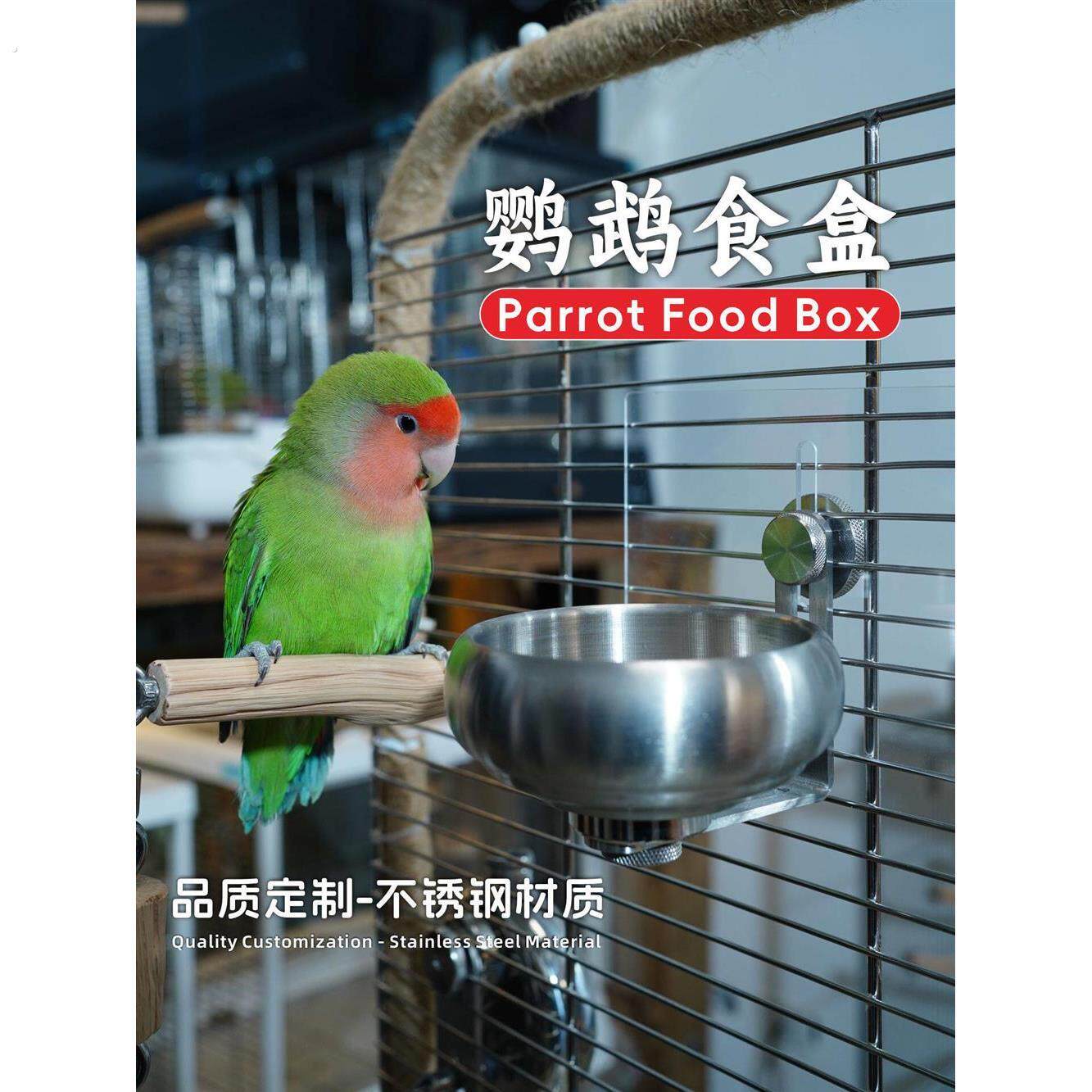 304不锈钢鹦鹉鸟食盒防溅鸟笼食杯挂式磁吸喂食器保温箱底网食碗