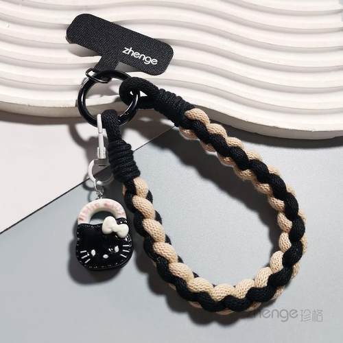 ins可爱猫吊坠手机挂绳短款编织粗腕带户外运动手绳钥匙扣壳结实