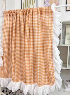 法浪格子遮棉麻半光漫小窗帘文艺复古荷叶边免打孔半式59020帘隔