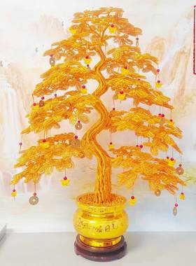 高档工艺礼品摆饰发财树摆件手工编织乔迁新居开 业礼物摇钱树家
