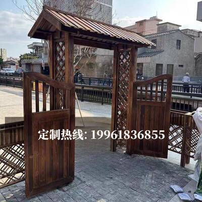 防腐木门楼户外木制中式庭院门楼定制花园入户门乡村小院茅草门头