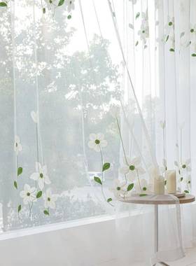 透光不透人帘园清纱洗绣花窗客厅30558卧室阳台白纱免打孔挂田钩