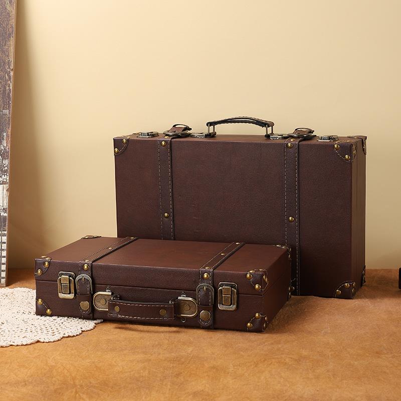 复古棕色旅行箱收纳箱英伦风老式家用皮箱摄影道具手提箱木箱摆件