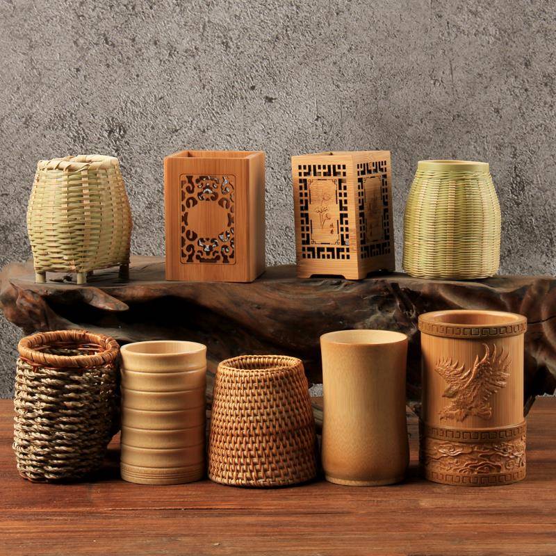 藤编六君子茶筒草编竹编实木制茶道配件收纳筒茶夹茶勺收纳毛笔筒