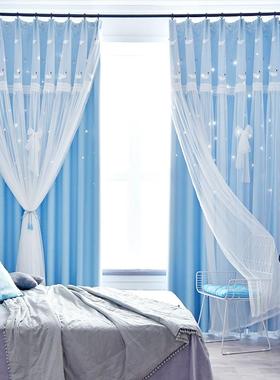 88634卧室窗帘05新款客厅2挂2钩款飘窗蕾丝少女全遮光小帘卧窗室