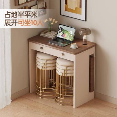 实木可伸缩折叠餐桌奶油中古风小户型长方形10人吃饭桌超薄款新型