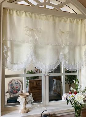 韩法式纱帘窗帘窗幔帘免打孔式贴自粘贴魔术头半帘短49452帘透光