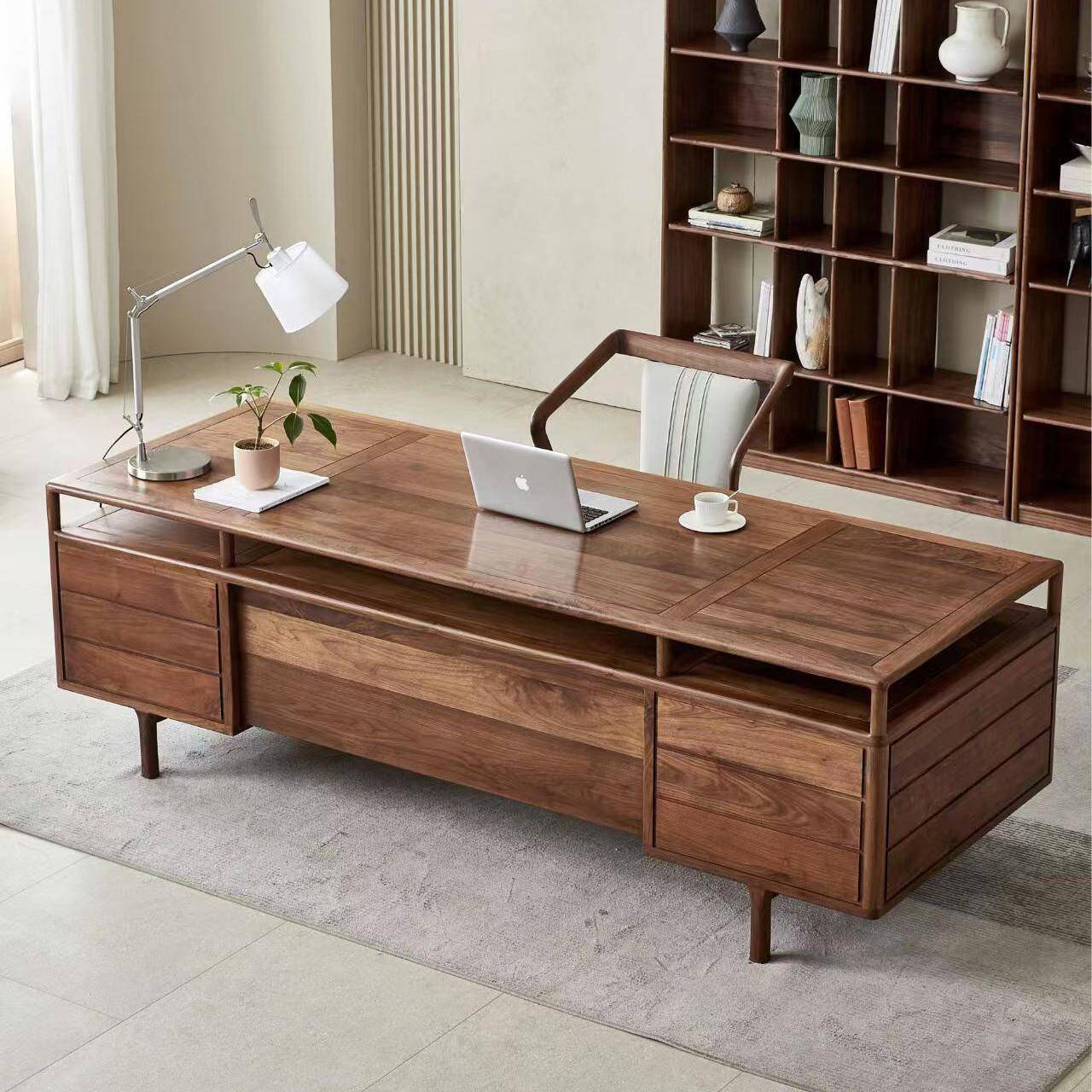 新中式办公桌椅黑胡桃木实木书桌老板桌现代简约大气大班台电脑桌