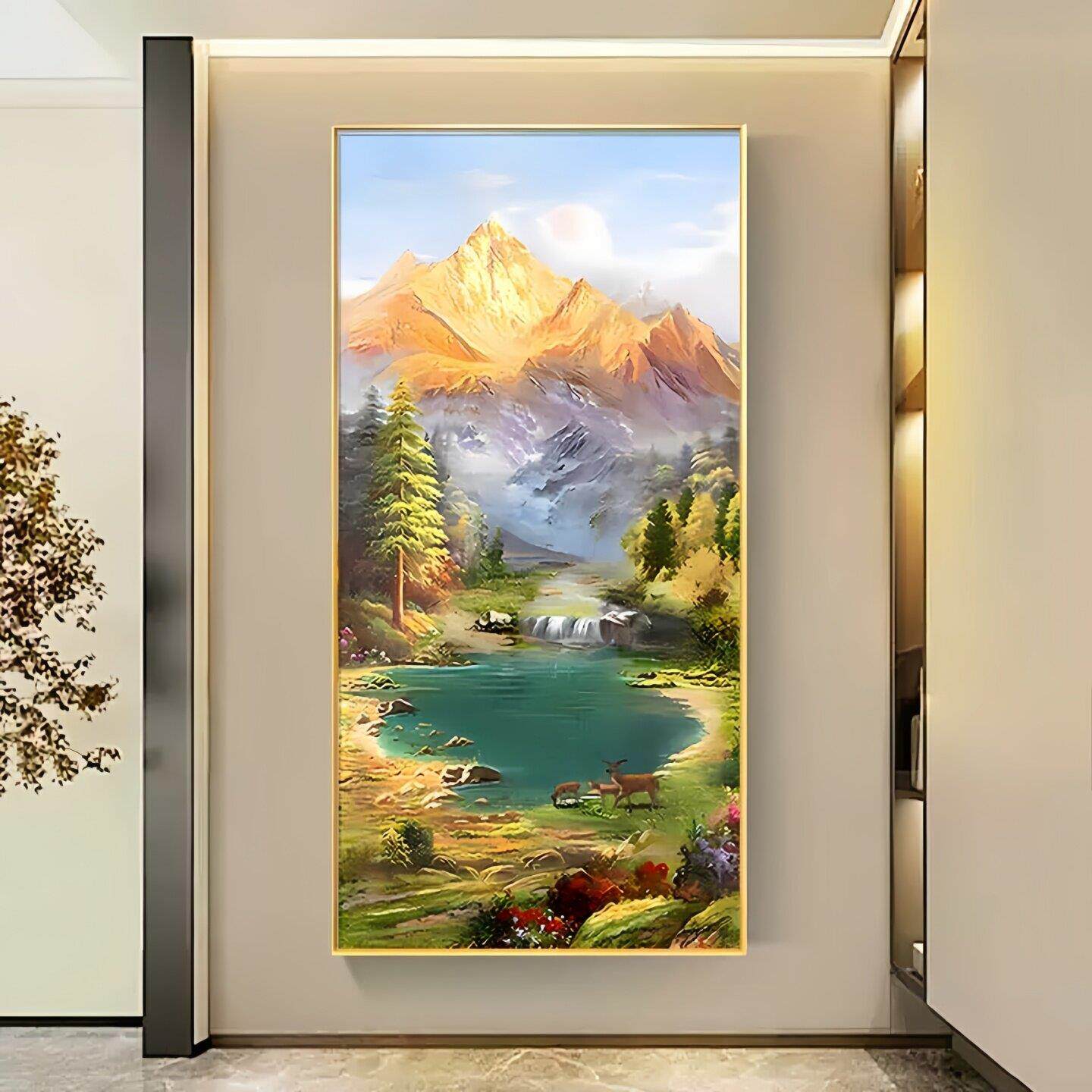 玄关装饰画八方聚财山水画聚宝盆竖版风景挂画正对门走廊过道壁画