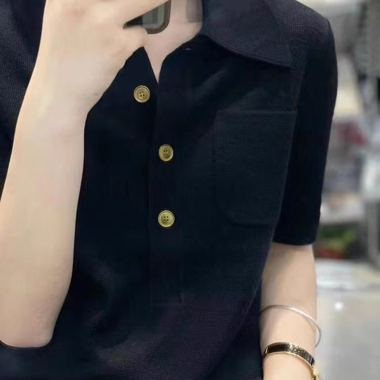 时髦洋气Polo领羊毛针织短袖女欧洲站宽松显瘦半袖衬衫翻领T恤衫