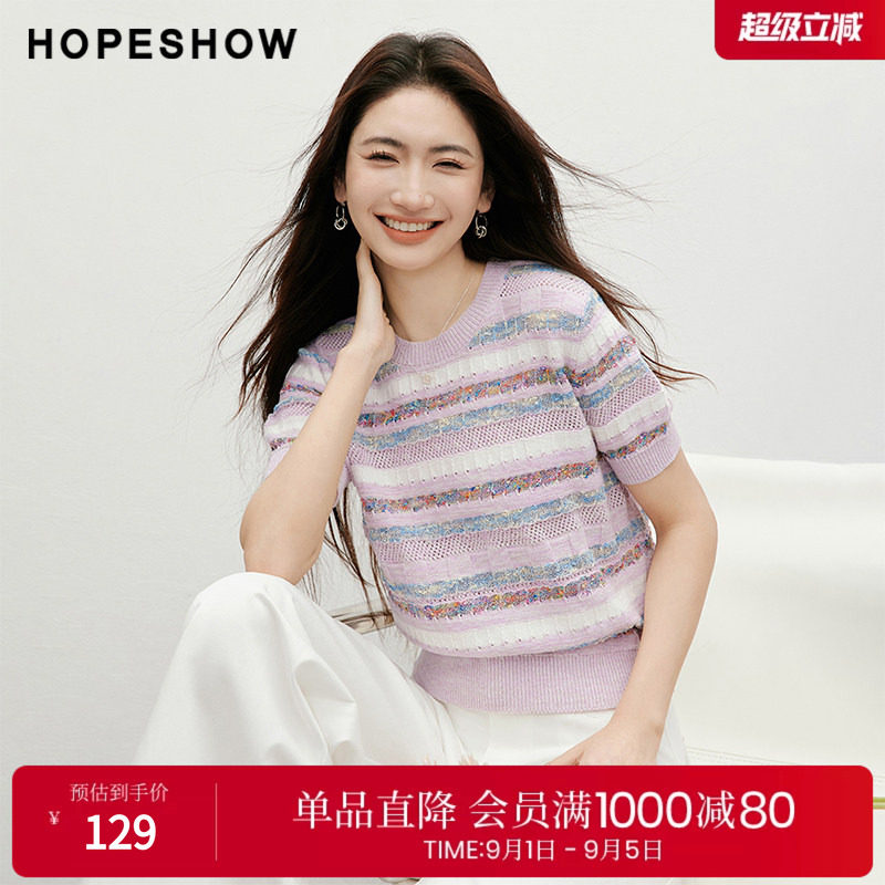 红袖2025夏季新款女装 定制彩纱镂空泡泡袖圆领套头短袖针织衫