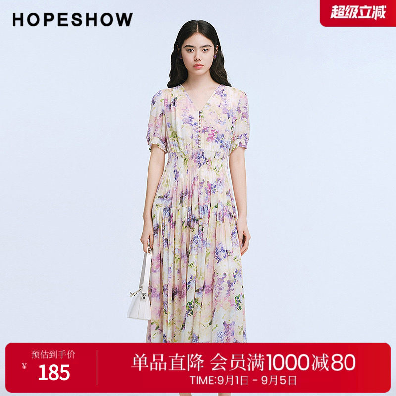 红袖2025夏季新款女装 花卉印花松紧打揽泡泡袖V领中长连衣裙图片