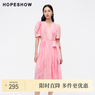 女装 新款 玫瑰晕染收腰V领套头连衣裙 夏季 红袖