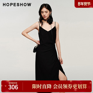 红袖秋季新款女装黑色不对称捏褶解构开叉中长吊带连衣裙
