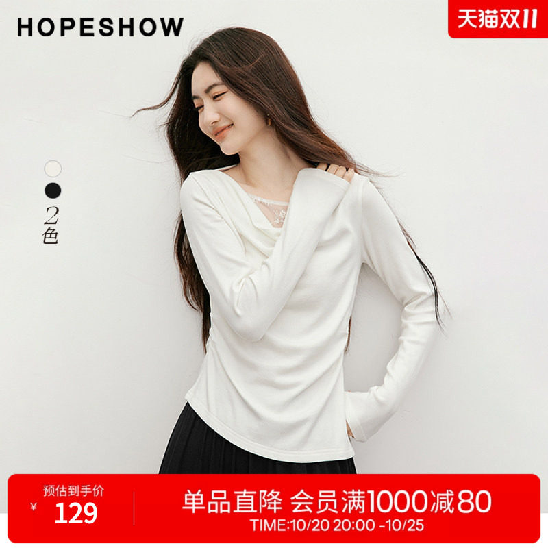 红袖蕾丝拼接不对称荡领T恤女