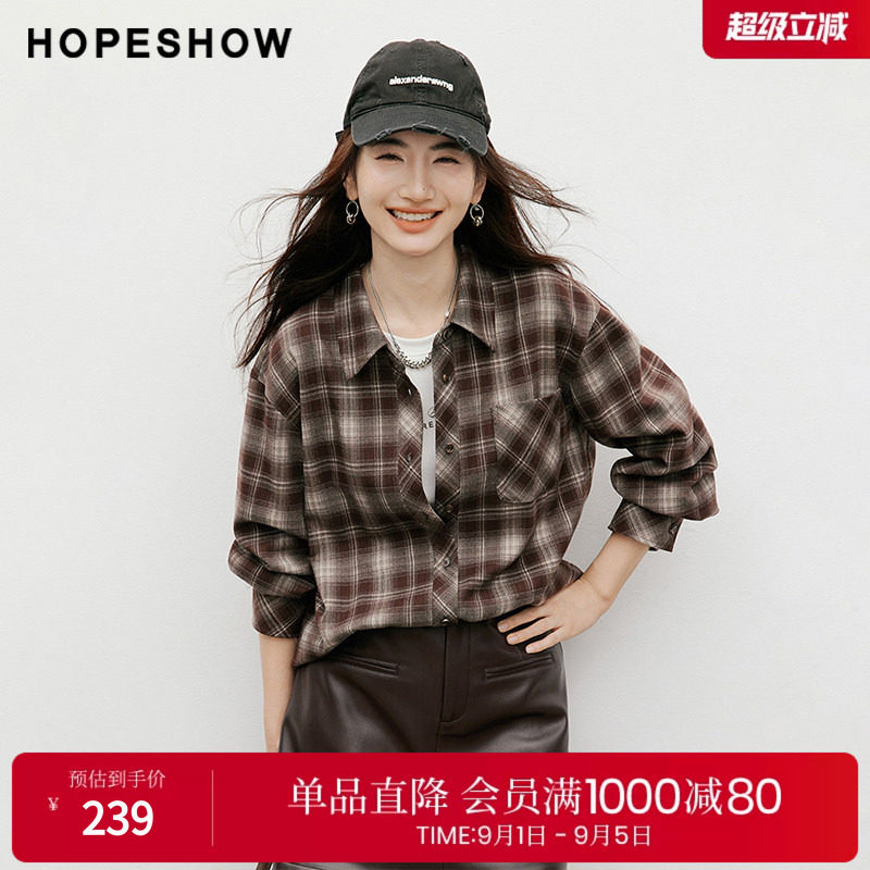 红袖复古格纹不对称单排扣衬衫图片