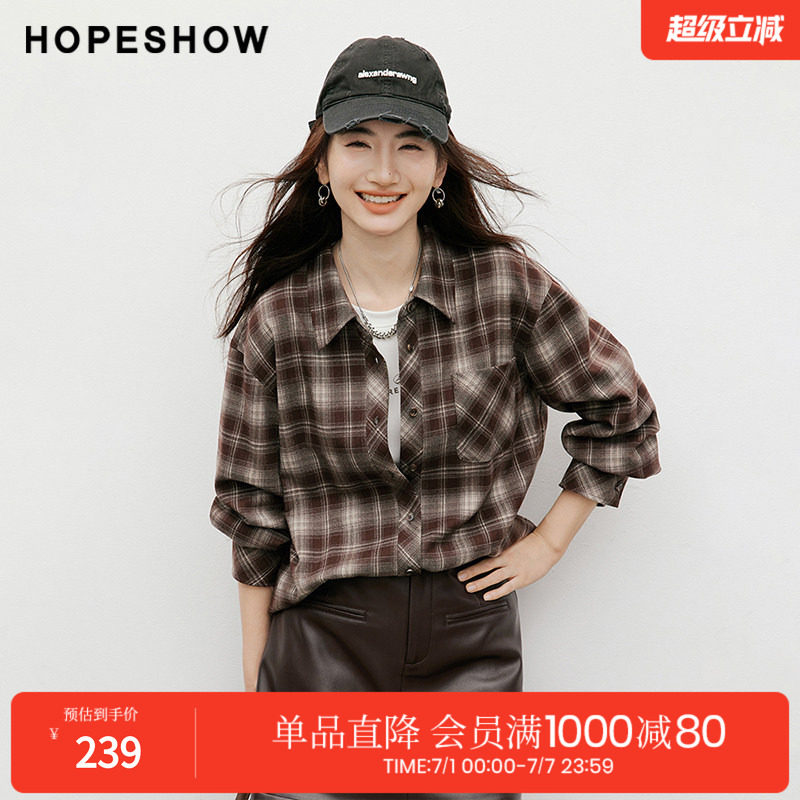 红袖2025冬季新款女装 撞色格纹不对称单排扣落肩翻领衬衫
