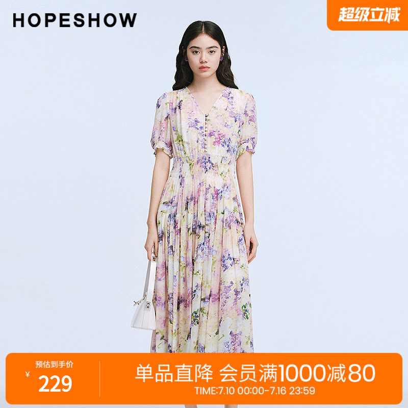 红袖2025夏季新款女装 花卉印花松紧打揽泡泡袖V领中长连衣裙