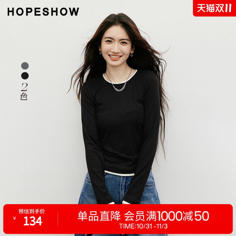 红袖2025秋季新款女装 MIU系假两件撞色拼接正肩长袖圆领套头上衣