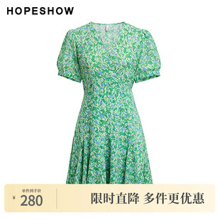 花卉印花系带插片拼接泡泡袖 红袖 女装 新款 V领连衣裙 2024夏季