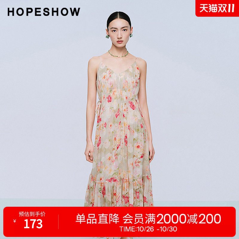红袖2025夏季新款女装 花卉印花系带压褶V领中长吊带裙