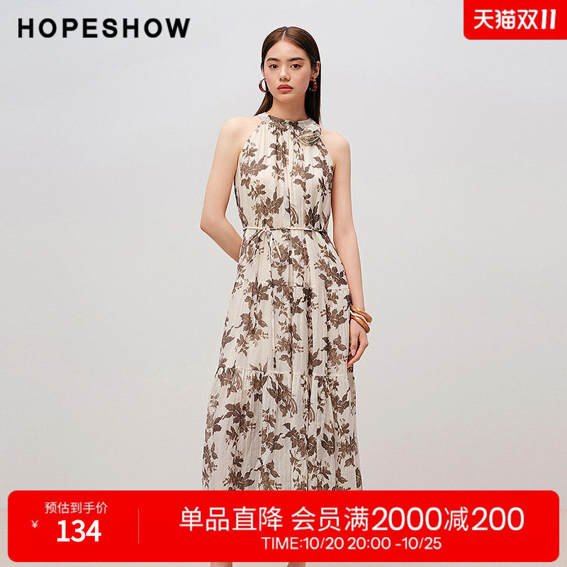 红袖2025夏季新款女装 花卉印花系带捏褶拼接无袖中长连衣裙