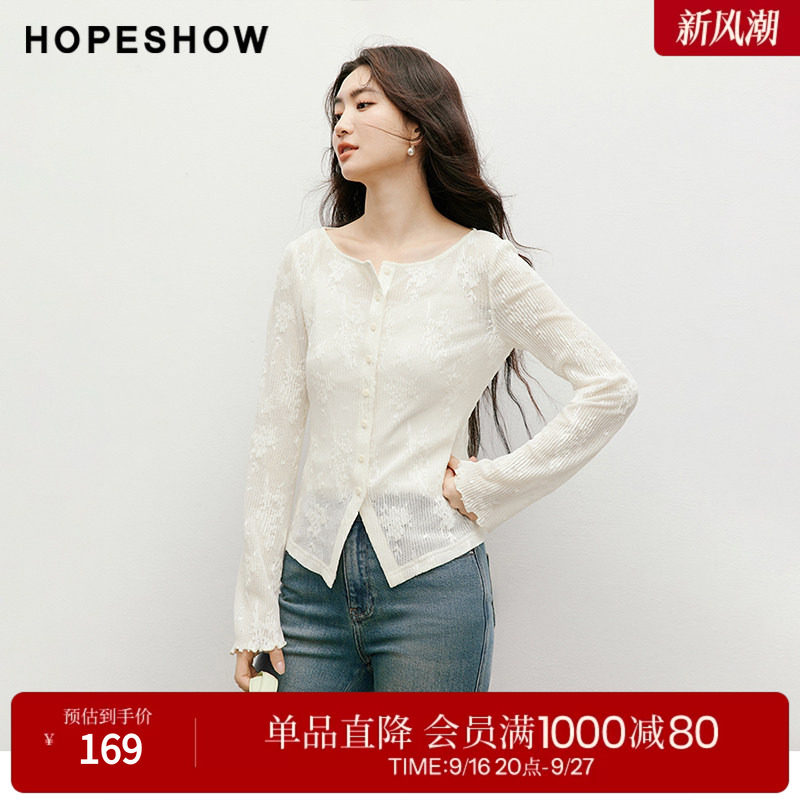 红袖2025秋季新款女装 蕾丝绣花木耳边开叉正肩长袖圆领套头上衣