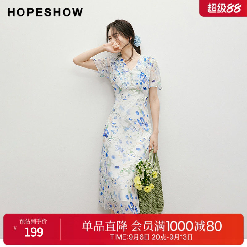红袖2025夏季新款女装【海蓝花屿】泡泡袖收腰V领套头雪纺连衣裙图片