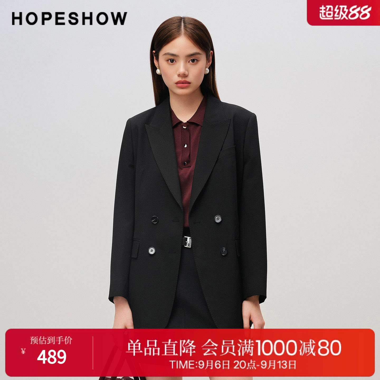 红袖2025秋季新款女装 黑色双排扣正肩长袖戗驳领一手长西装外套