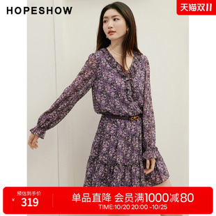 红袖2026秋季新款女装 印花雪纺系带木耳边松紧腰喇叭袖V领连衣裙