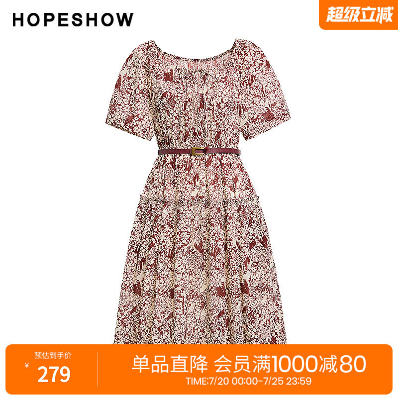 红袖2025秋季新款女装 100棉花卉印花系带拼接短袖圆领套头连衣裙