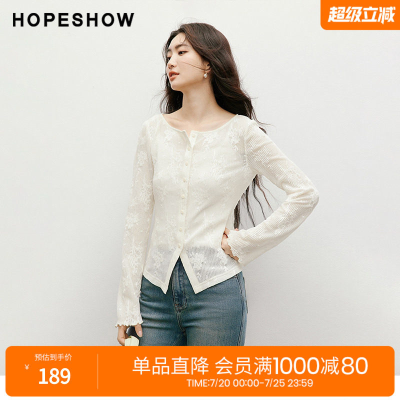 红袖2025秋季新款女装 蕾丝绣花木耳边开叉正肩长袖圆领套头上衣