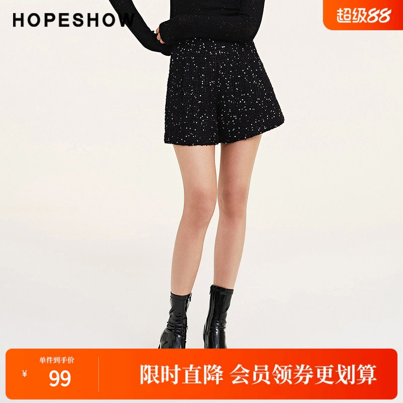 红袖秋季2024新款女装 梅花亮片侧拉粗纺花呢短裤89324331204