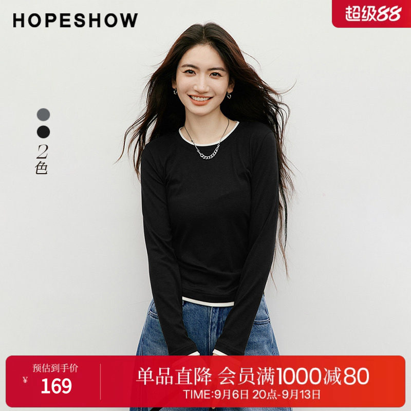 红袖2025秋季新款女装 MIU系假两件撞色拼接正肩长袖圆领套头上衣